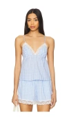 Nia Kendra Blue Gingham Lace Sleeveless Top In 绉布
