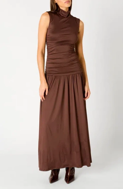 Nia Lark Ruched Maxi Dress In Brown