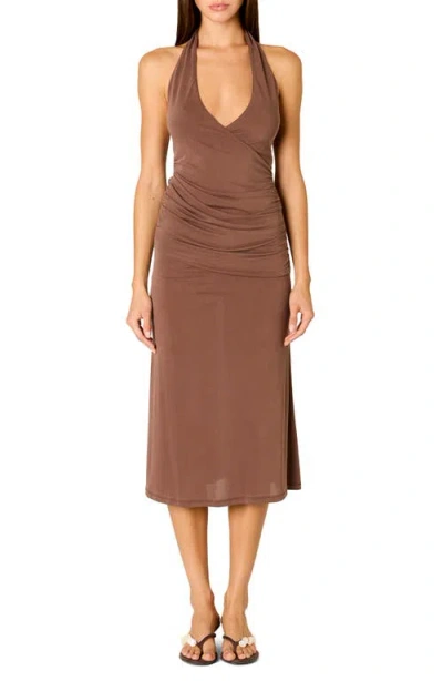 Nia Marina Halter Midi Dress In Brown