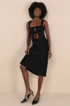 Nia Mira Black Satin Mesh Polka Dot Midi Skirt In Black