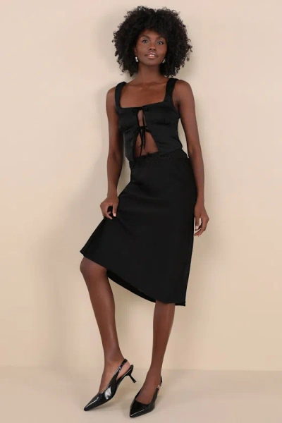 Nia Mira Black Satin Mesh Polka Dot Midi Skirt
