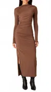 Nia Mock Neck Long Sleeve Midi Dress In Brown In Brown