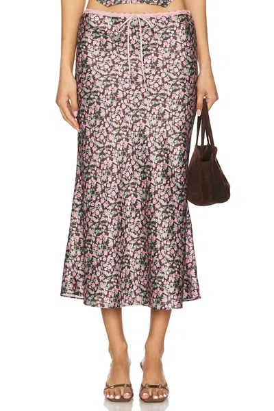 Nia Nathalia Slip Midi Skirt In Brown Floral In Pink