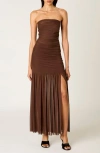 Nia Nola Shirred Strapless Mesh Maxi Dress In Brown
