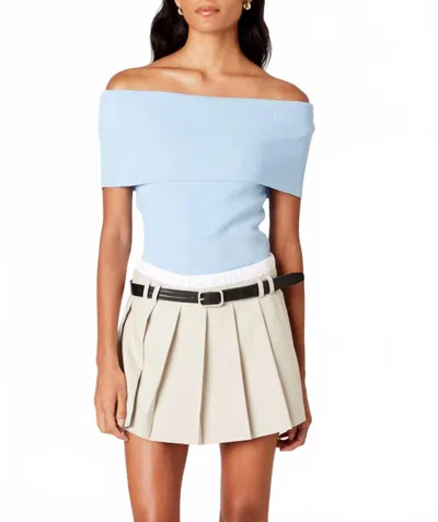 Nia Off Shoulder Fold Over Ribbed Knit Top In Blue