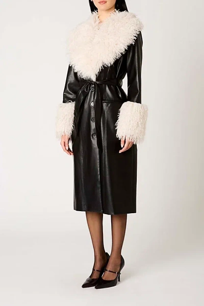 Nia Orla Black Faux Leather Mid-length Faux Fur Trim Jacket In Black, Women's At Urban Outfitters
