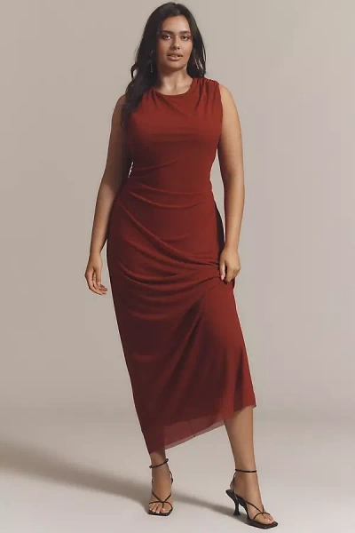 Nia Reese Sleeveless Ruched Mesh Midi Dress In Red