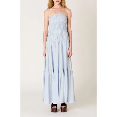 Nia Rocio Shirred Strapless Tiered Maxi Dress In Blue