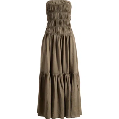 Nia Rocio Shirred Strapless Tiered Maxi Dress In Brown