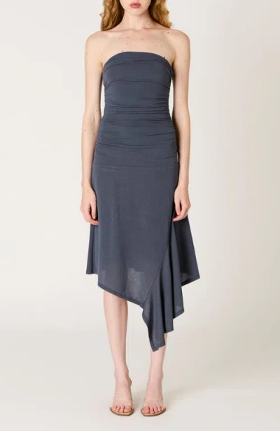 Nia Sabela Ruched Strapless Asymmetric Midi Dress In Multi