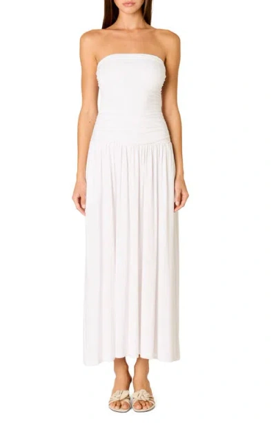 Nia Santal Ruched Strapless Midi Dress In White