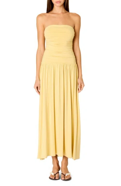 Nia Santal Ruched Strapless Midi Dress In Yellow