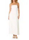 Nia Strapless Ruched Drop Waist Midi Dress In White In White