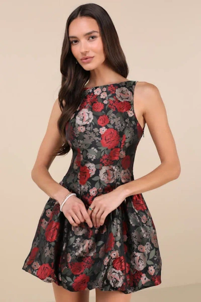 Nia Tamara Black Multi Jacquard Bubble-hem Mini Dress