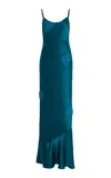 Nia Thomas Exclusive Aurelia Hand-crocheted Silk-charmeuse Maxi Slip Dress In Blue