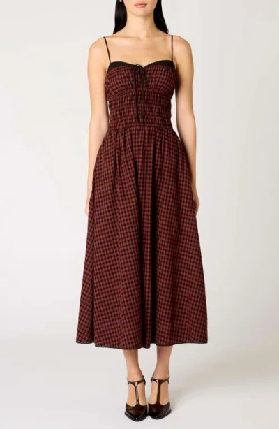 Nia Thomas Gingham Check Cotton Midi Dress In Brown