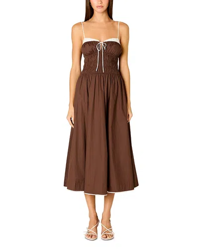Nia Thomas Sleeveless Ruched Midi Dress With Contrast Trim In Brown