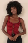NIA TRUE GARNET RED SATIN LACE-UP CROPPED CORSET TANK TOP
