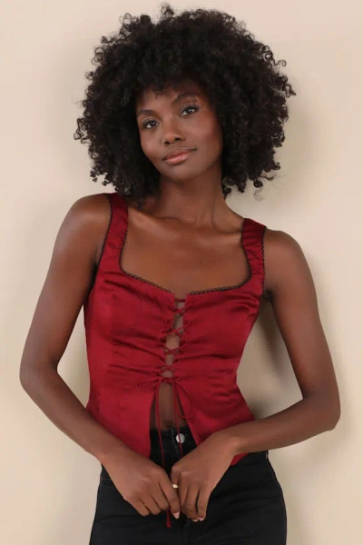 Nia True Garnet Red Satin Lace-up Cropped Corset Tank Top