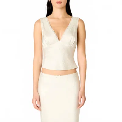 Nia V-neck Scalloped Trim Silky Top In White