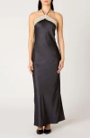 Nia Vesper Lace Satin Halter Maxi Dress In Black