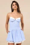 Nia Winslow Striped Poplin Corset Cami Mini Dress In Light Blue