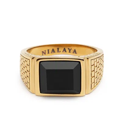 Nialaya Black / Gold Men's Golden Brick Signet Ring With Agate
