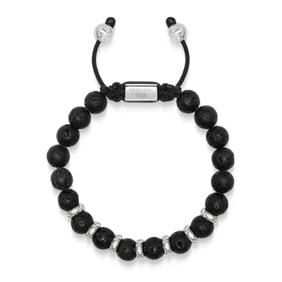 Nialaya Black Men's Sterling Silver Beaded Bracelet With Lava Stone