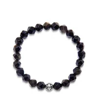 Nialaya Black Men's Wristband With Faceted Gold Obsidian And Silver