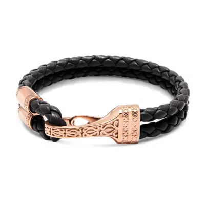 Nialaya Black / Rose Gold Men's Black Leather Bracelet With Rose Gold Bali Clasp Lock
