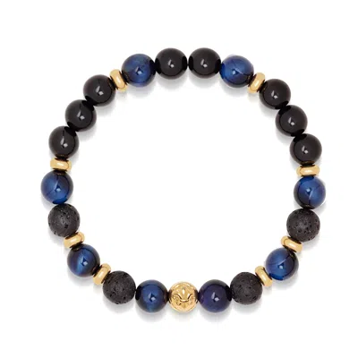 Nialaya Blue / Black / Gold Men's Wristband With Blue Tiger Eye, Black Agate, Lava Stone And Gold