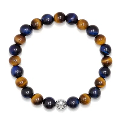 Nialaya Blue / Brown Men's Wristband With Blue Tiger Eye, Brown Tiger Eye And Silver In Multi