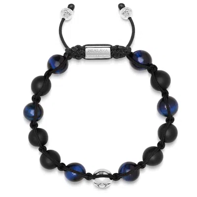 Nialaya Blue / Silver / Black Men's Beaded Bracelet With Blue Tiger Eye And Black Onyx