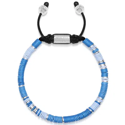 Nialaya Blue / Silver Men's Beaded Bracelet With Light Blue And Silver Disc Beads