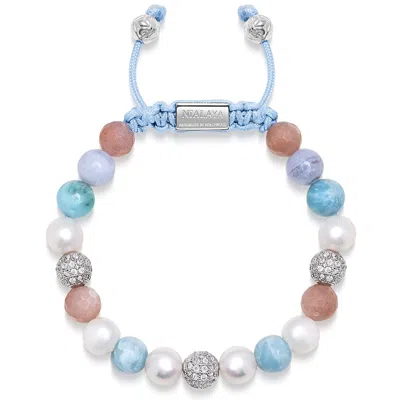 Nialaya Blue / White Women's Beaded Bracelet With Larimar, Pearl, Blue Lace Agate And Pink Aventurine