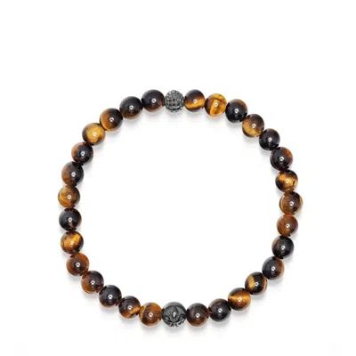 Nialaya Brown / Black / Silver Men's Black Diamond Wristband With Brown Tiger Eye In Multi