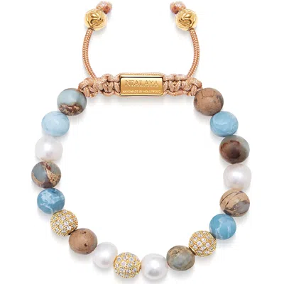 Nialaya Brown / Gold / Blue Women's Beaded Bracelet With Pearl, Larimar, Opal And Gold In Multi