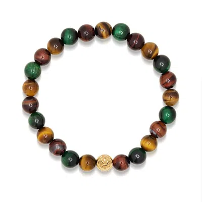 Nialaya Brown / Green / Gold Men's Wristband With Colorful Tiger Eye And Gold In Gray