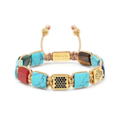 Nialaya Brown / Red / Gold Women's Flatbead Bracelet With Turquoise, Jade, Blue Lapis, Brown Tiger Eye & Gol