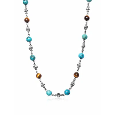 Nialaya Brown / Silver Men's Silver Cross Chain With Turquoise & Brown Tiger Eye