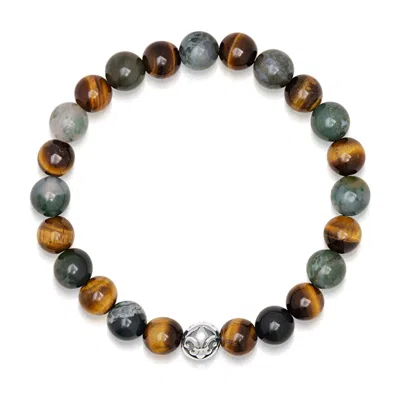 Nialaya Brown / Silver Mens Wristband With Aquatic Agate, Brown Tiger Eye And Silver In Gray