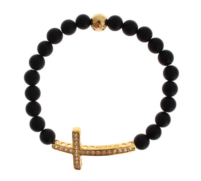 Nialaya Gold Plated Sterling Bracelet With Cz Diamond Cross In Black