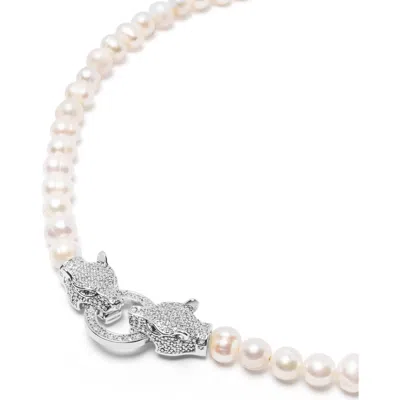Nialaya Double Panther Head Pearl Choker Necklace In Silver