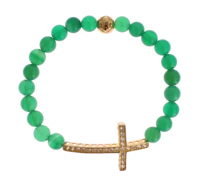 Nialaya Jade Stone Gold Cz Cross 925 Silver Bracelet In Green