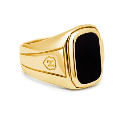 Nialaya Gold / Black Men's Oblong Gold Plated Signet Ring With Onyx