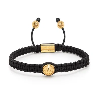 Nialaya Gold / Black Mens Black String Bracelet With Gold Cz Bead