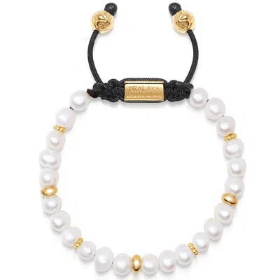 Nialaya Gold / Black / White Men's Beaded Bracelet With Pearl And Gold