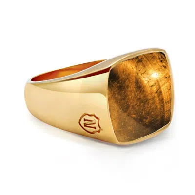 Nialaya Gold / Brown Men's Gold Signet Ring With Brown Tiger Eye