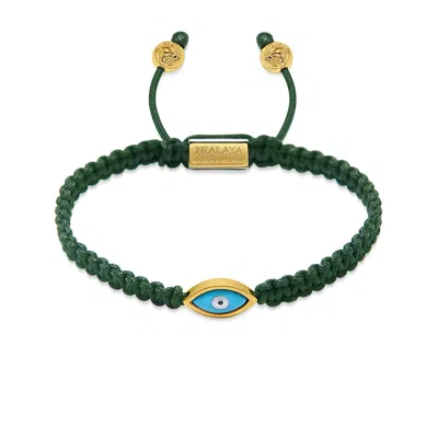 Nialaya Gold / Green / Blue Men's Dark Green String Bracelet With Gold Evil Eye