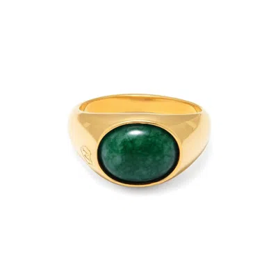 Nialaya Gold / Green Men's Gold Oval Signet Ring With Green Jade